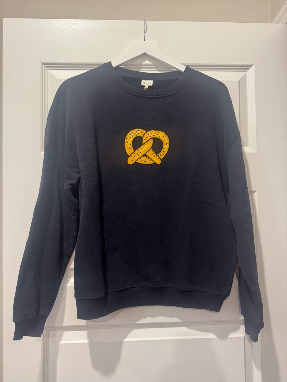 Anthropologie Navy Long-Sleeve Crewneck with Yellow Pretzel Graphic